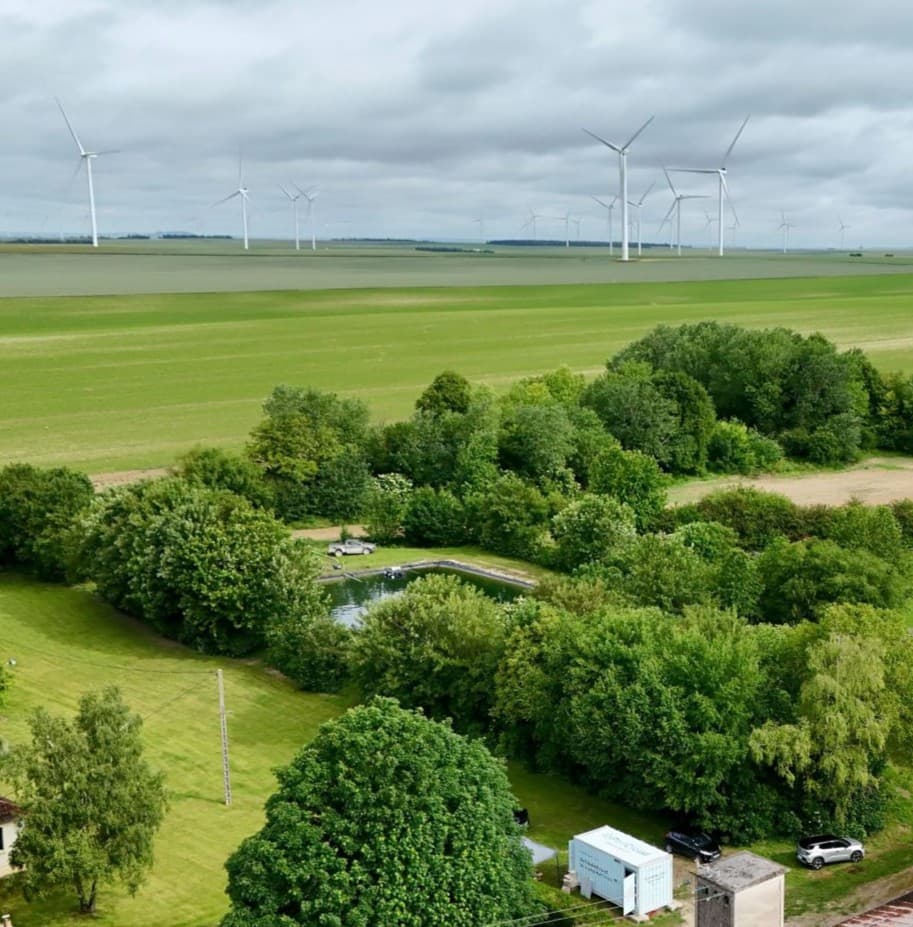 Aerial view of the Policloud unit installed beside the Bonne Voisine wind farm in Aube, France